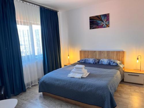 NiculiţelAgropensiunea Vila Cristina的一间卧室配有带毛巾的床