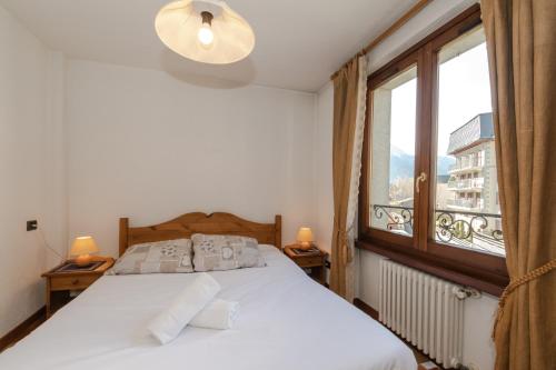 夏蒙尼-勃朗峰Résidence Alpes 2的一间卧室设有一张床和一个大窗户