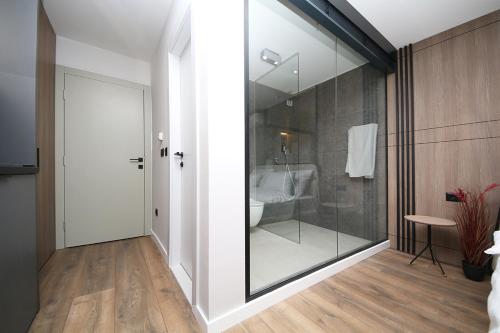 萨拉热窝Nest Apartments Sarajevo的带淋浴的浴室和玻璃门