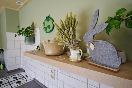 什未林„Grüne Höhle“ in Schwerin的厨房柜台上摆放着植物和兔子的架子