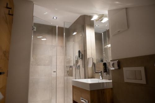 瓦德林Hotel Sendlhof的带淋浴、盥洗盆和镜子的浴室
