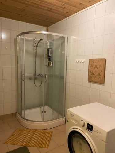 特罗姆瑟3ART recreation的带淋浴的浴室和洗衣机。