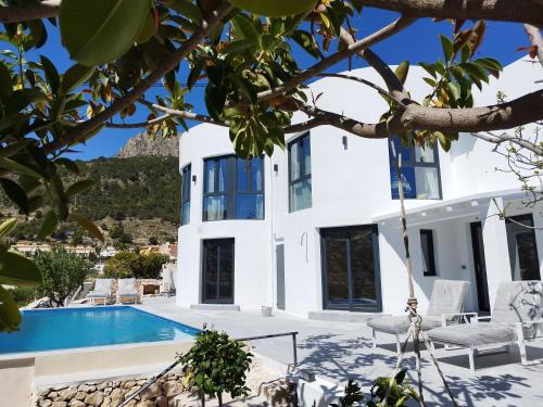 卡尔佩Modern luxury villa Paradise的桑托里尼带游泳池的别墅