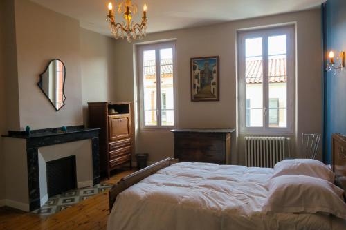 阿尔比Chez Carmen的一间卧室配有一张床、一个壁炉和一个吊灯。