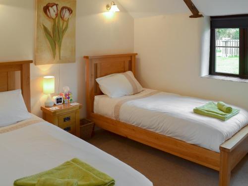HalwellGarden Cottage - Cp28的一间卧室设有两张床和窗户。