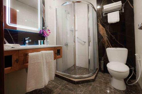 安曼Amman Inn Boutique Hotel的带淋浴、卫生间和盥洗盆的浴室