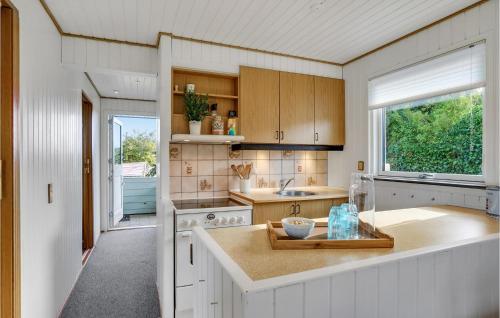 凯特明讷2 Bedroom Cozy Home In Kerteminde的厨房配有白色橱柜、水槽和窗户。