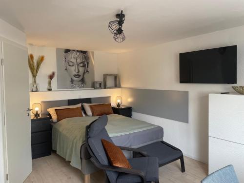 哈斯洛赫Freigeist Apartments的一间卧室配有一张床、一把椅子和电视