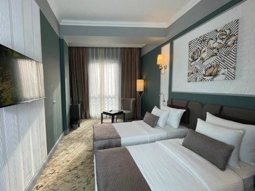 巴库Teatro Rooms Hotel的酒店客房配有两张床和一张书桌