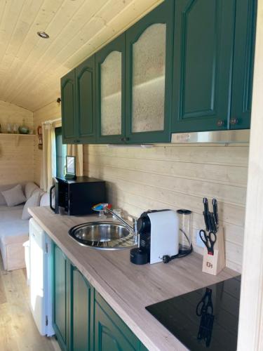 哈瑟尔特Pia B&B Babbita的一个带绿色橱柜的厨房和一个大篷车内的盥洗盆