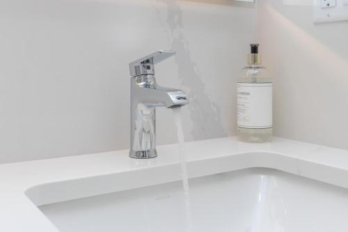 SaanichtonHaro Heights的浴室水槽配有水龙头和1瓶肥皂