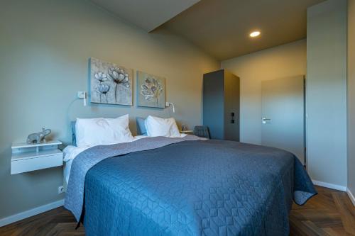 雷克雅未克Iceland SJF Apartments - 401的卧室配有一张蓝色的床,墙上挂有两张照片