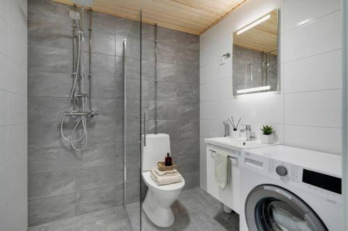 Maple Loft Apartment的带淋浴、卫生间和盥洗盆的浴室