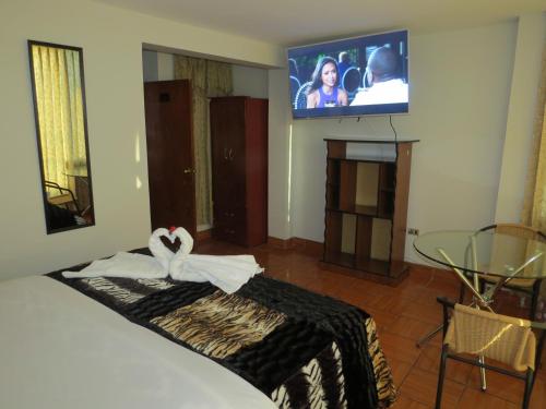 豪哈Hospedaje El Rinconcito的卧室配有一张床铺,墙上配有电视