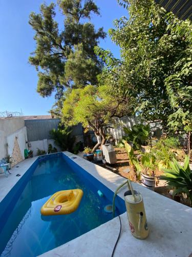 Villa BallesterProyectoQva Glamping的院子里的游泳池,有黄色玩具