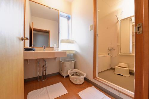 Kurihara安倍附楼酒店的一间带水槽、淋浴和镜子的浴室