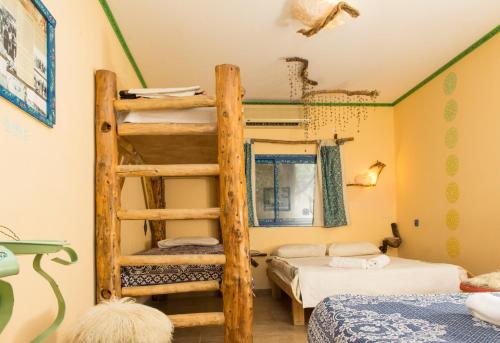 阿拉德Kfar Hanokdim - Desert Guest Rooms的客房设有两张双层床和梯子
