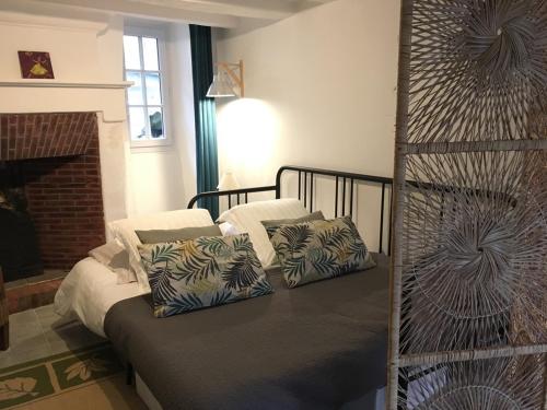 舍农索城堡Le Loft - Chenonceaux - 3 étoiles的一间卧室配有一张带枕头的床和壁炉