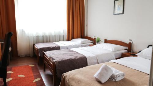 贝尔格莱德塞尔维亚酒店的酒店客房的三张床