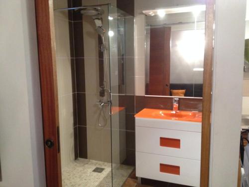 圣安德烈TI COIN TRANQUIL_JACQUELIN ET DORLYS的一间带玻璃淋浴和水槽的浴室