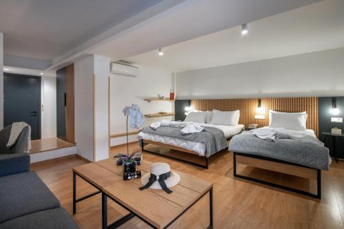 科孚镇Traveleclectic Apartments的一间带两张床的卧室和一间客厅