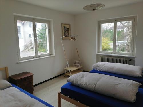 霍恩埃姆斯Dimai House 1950s的一间卧室设有两张床和两个窗户。
