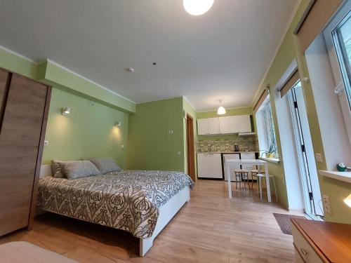 普里恩斯慕斯Apartamenti pie jūras Latvijā的一间带床的小卧室和一间厨房