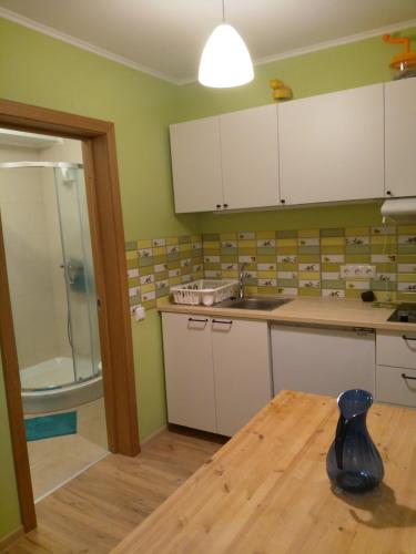 普里恩斯慕斯Apartamenti pie jūras Latvijā的厨房设有绿色的墙壁、白色的橱柜和一张桌子