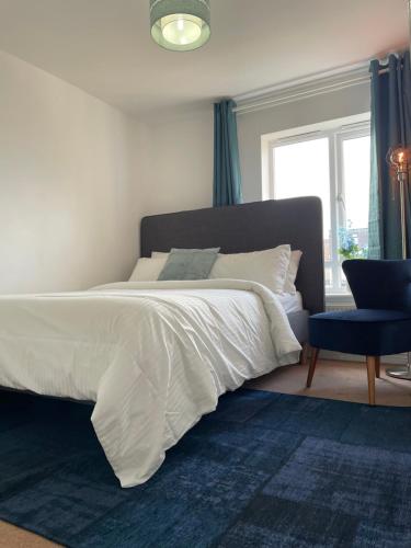 格雷斯瑟罗克Large Bed in a luxuriously furnished Guests-Only home, Own Bathroom, Free WiFi, West Thurrock的一间卧室配有一张蓝色地毯和窗户。