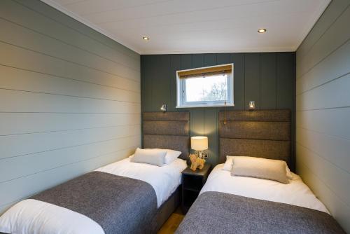 塞文河畔厄普顿Berth 6 on Upton Lake, Upton-upon-Severn Home on Water的绿墙客房内的两张床