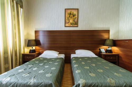 基辅维尔霍维纳酒店的酒店客房设有两张床和两盏灯。