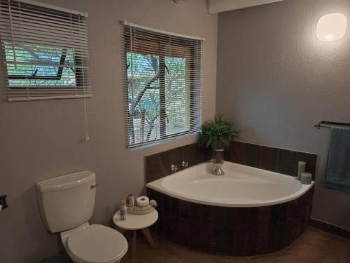 侯斯普瑞特Hoedspruit Bush Cottage的带浴缸和卫生间的浴室。