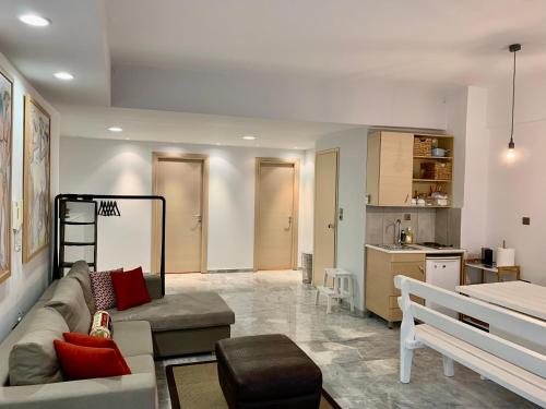 干尼亚Aggelos and Thisbe Chania City Apartment的带沙发的客厅和厨房