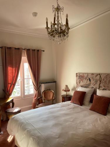 阿让加克兵城堡酒店的一间卧室配有一张带吊灯和窗户的床。