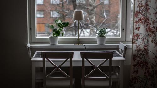 坦佩雷Pyynikin Rauha的一张桌子、两把椅子和一个窗户,两棵植物