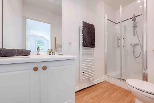塞夫里耶L’appart Lodge 106的带淋浴和卫生间的白色浴室