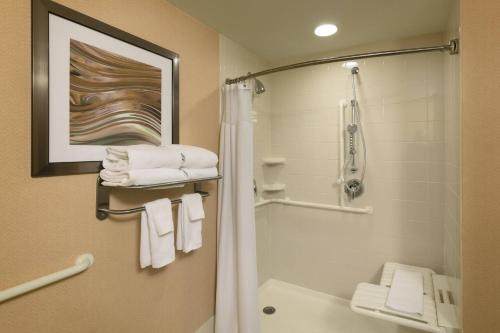 哈里斯堡哈里斯堡赫氏万怡酒店的浴室配有淋浴和带毛巾的卫生间。