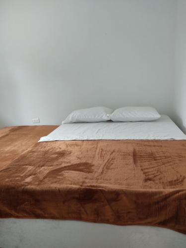 萨兰托Habitación en apartahotel Sarita Salento的一张带木头床头板的壁床