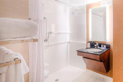 温斯顿·塞勒姆温斯顿 - 塞勒姆市中心玛丽特菲尔菲尔德套房酒店的带淋浴和盥洗盆的白色浴室