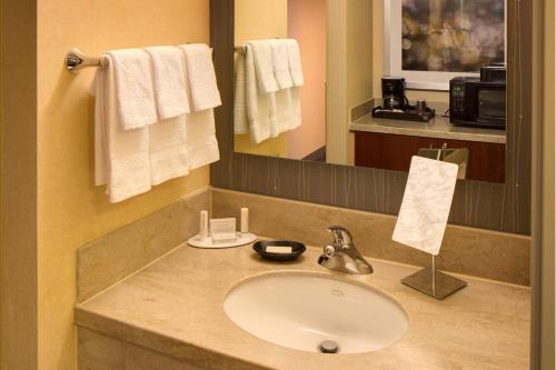 安克雷奇Courtyard by Marriott Anchorage Airport的浴室配有盥洗盆、镜子和毛巾