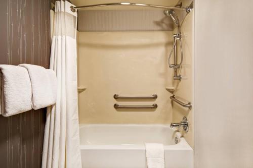 路易斯威尔路易斯维尔机场万怡酒店的浴室配有浴缸、淋浴和毛巾。