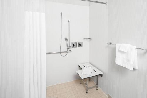 博林格林保龄格林会展中心万怡酒店的白色的浴室设有水槽和淋浴。