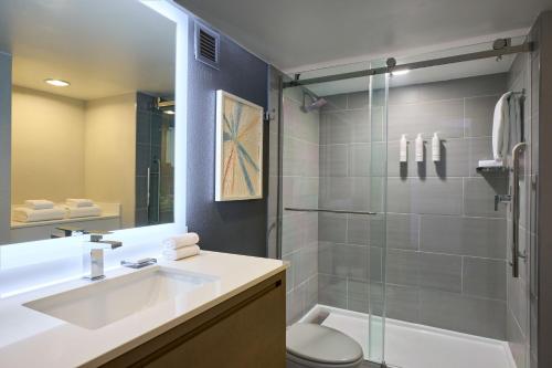 哥伦比亚Marriott Columbia的一间带水槽和淋浴的浴室