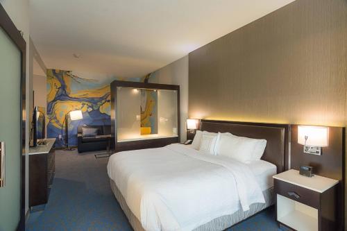 沃思堡沃思堡化石溪万豪春季山丘套房的酒店客房设有一张大床和一间客厅。