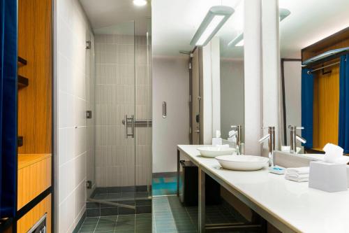 塔拉哈西塔拉哈西市中心雅乐轩酒店的一间带两个盥洗盆和淋浴的浴室