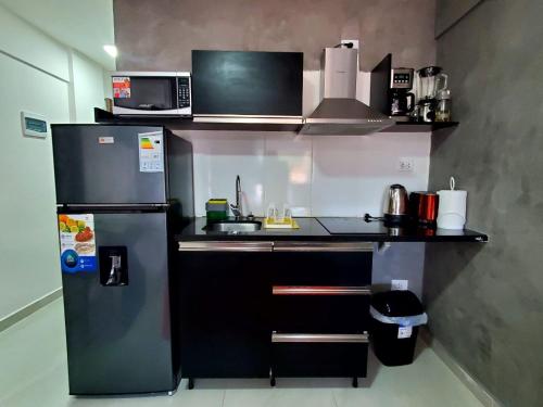 圣克鲁斯Bellini Suites Apartments的小厨房配有冰箱和微波炉。