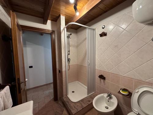 Funtana MeigaCrock House的带淋浴、卫生间和盥洗盆的浴室