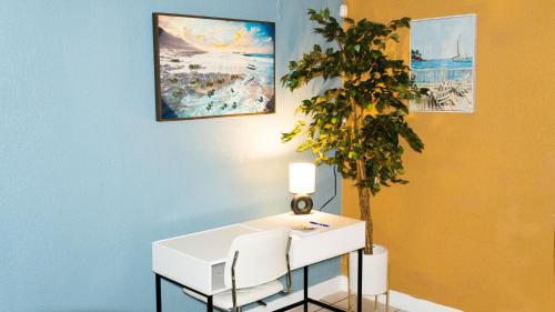 迈阿密MNE Luxury In Miami的一张带两把椅子的白色桌子和一棵植物