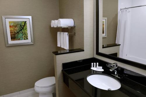 奥马哈Fairfield Inn & Suites by Marriott Omaha West的一间带卫生间、水槽和镜子的浴室