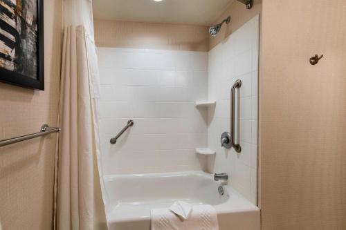 比福德佐治亚州亚特兰大布福德购物中心万怡酒店的带浴缸和淋浴帘的浴室